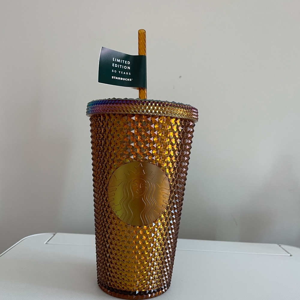 NWT Starbucks gold sparkle tumbler cup 16oz
50th year anniversary up